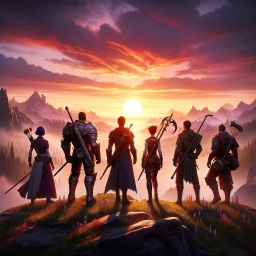 A group of heroes stands on the edge of a cliff during a breathtaking sunset.